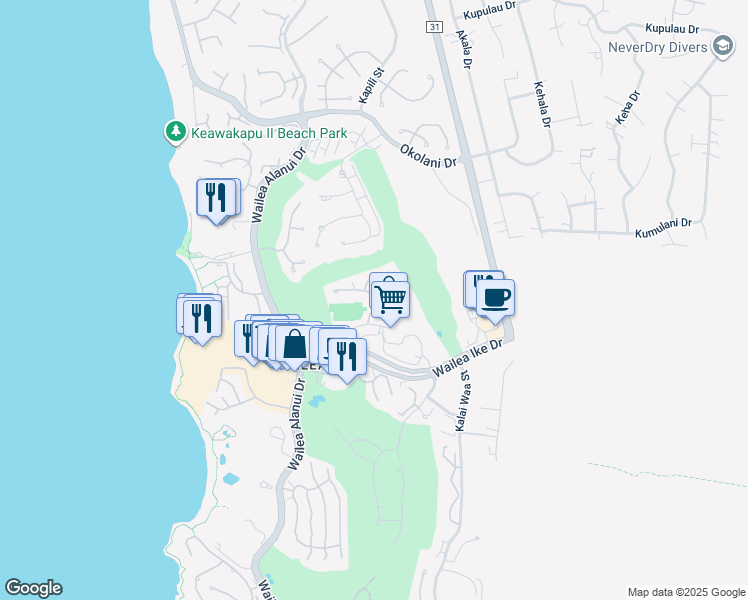 map of restaurants, bars, coffee shops, grocery stores, and more near 155 Wailea Ike Place in Kihei