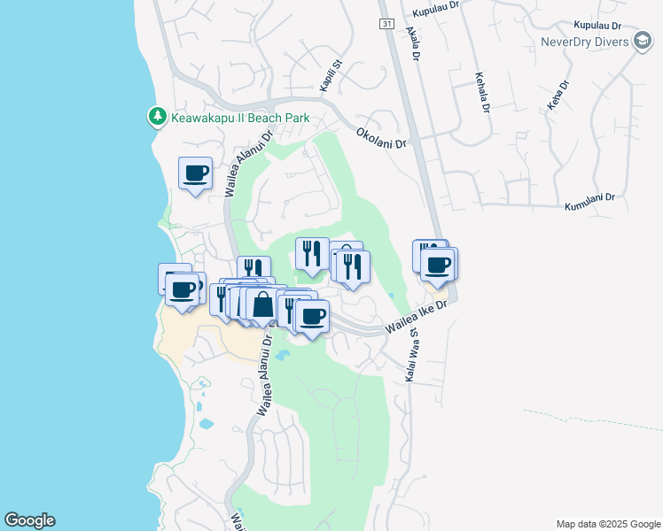 map of restaurants, bars, coffee shops, grocery stores, and more near 155 Wailea Ike Place in Kihei