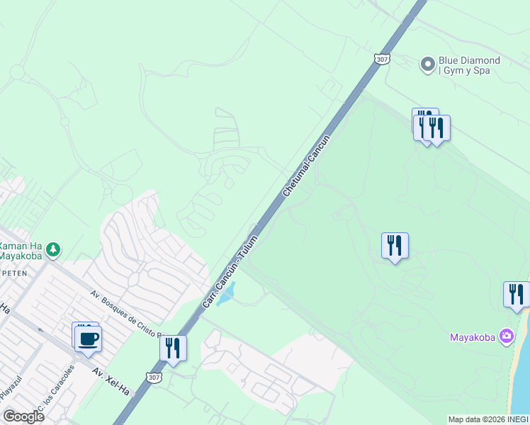 map of restaurants, bars, coffee shops, grocery stores, and more near km 298 Carretera Federal 307 in Playa del Carmen