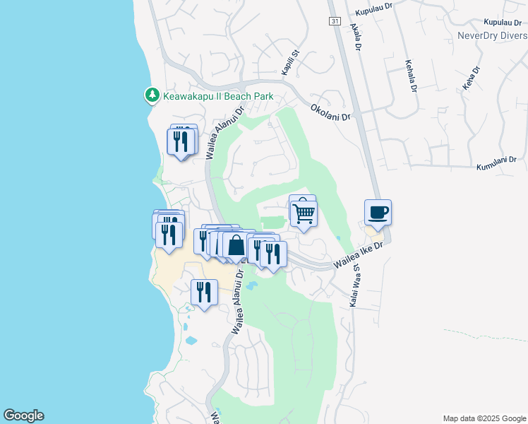 map of restaurants, bars, coffee shops, grocery stores, and more near 155 Wailea Ike Place in Kihei