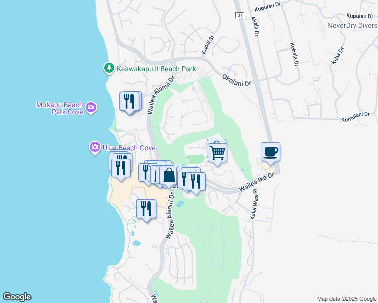 map of restaurants, bars, coffee shops, grocery stores, and more near 155 Wailea Ike Place in Kihei