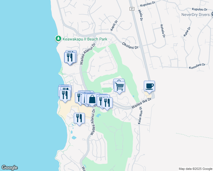 map of restaurants, bars, coffee shops, grocery stores, and more near 155 Wailea Ike Place in Kihei