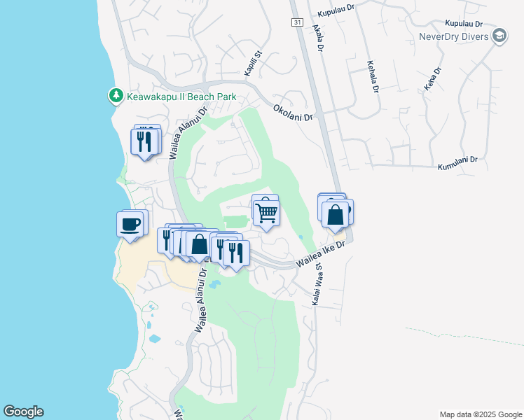 map of restaurants, bars, coffee shops, grocery stores, and more near 155 Wailea Ike Place in Kihei