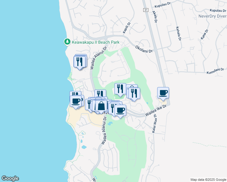 map of restaurants, bars, coffee shops, grocery stores, and more near 155 Wailea Ike Place in Kihei