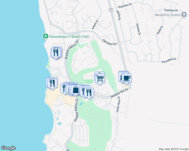 map of restaurants, bars, coffee shops, grocery stores, and more near 155 Wailea Ike Place in Kihei