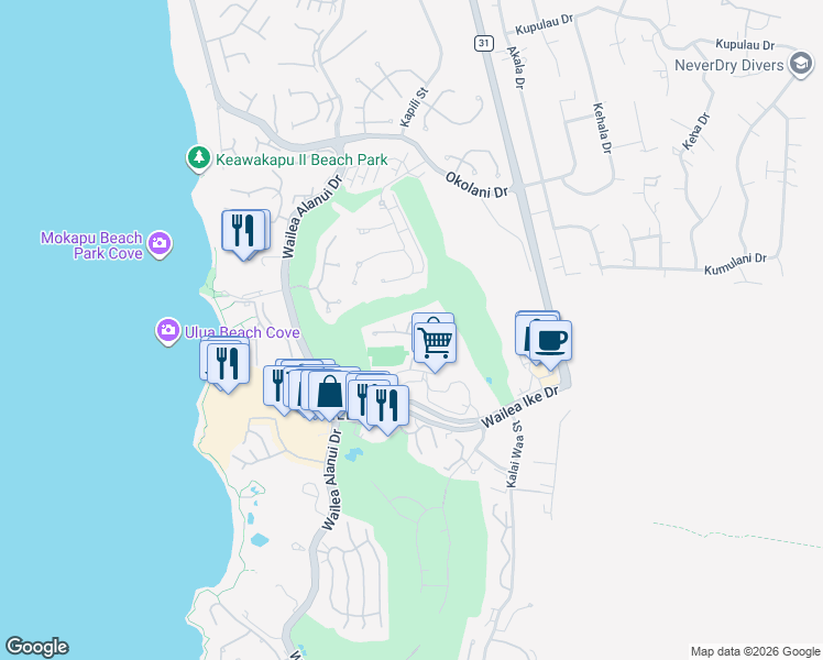 map of restaurants, bars, coffee shops, grocery stores, and more near 155 Wailea Ike Place in Wailea-Makena