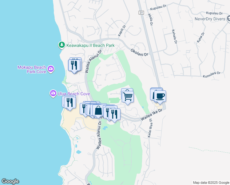 map of restaurants, bars, coffee shops, grocery stores, and more near 155 Wailea Ike Place in Kihei