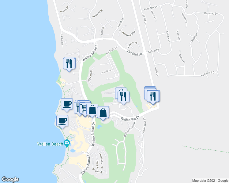 map of restaurants, bars, coffee shops, grocery stores, and more near 155 Wailea Ike Place in Wailea-Makena