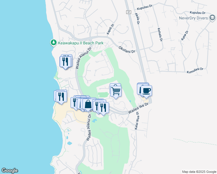 map of restaurants, bars, coffee shops, grocery stores, and more near 155 Wailea Ike Place in Kihei