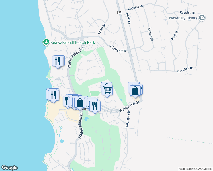 map of restaurants, bars, coffee shops, grocery stores, and more near 155 Wailea Ike Place in Kihei