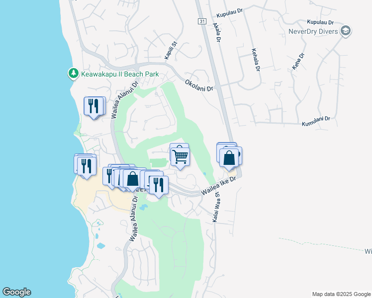 map of restaurants, bars, coffee shops, grocery stores, and more near 155 Wailea Ike Place in Kihei