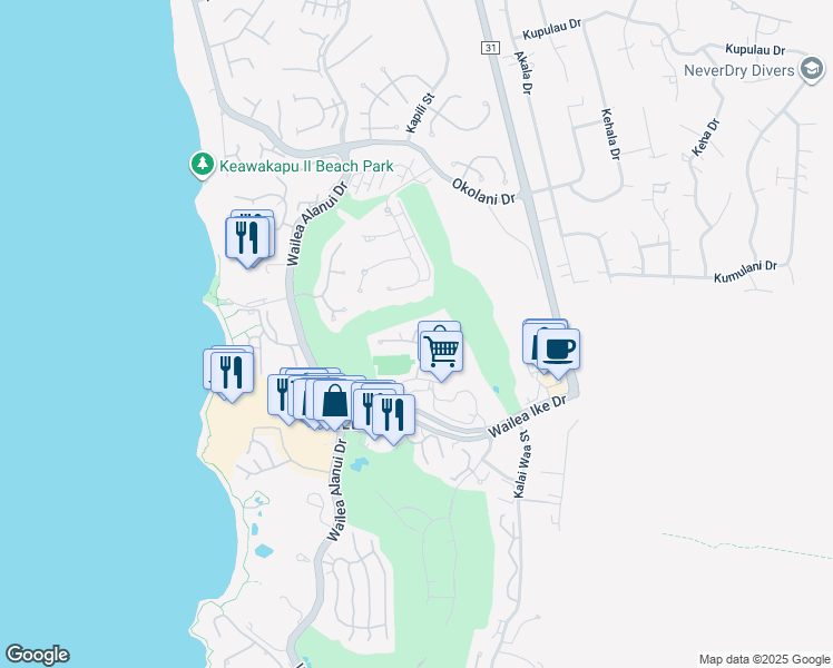 map of restaurants, bars, coffee shops, grocery stores, and more near 155 Wailea Ike Place in Kihei