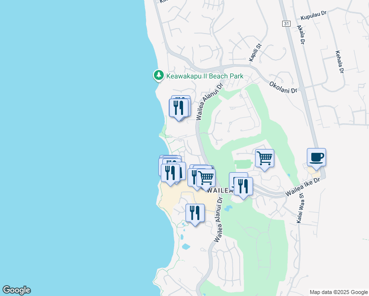 map of restaurants, bars, coffee shops, grocery stores, and more near 3600 Wailea Alanui Drive in Wailea-Makena