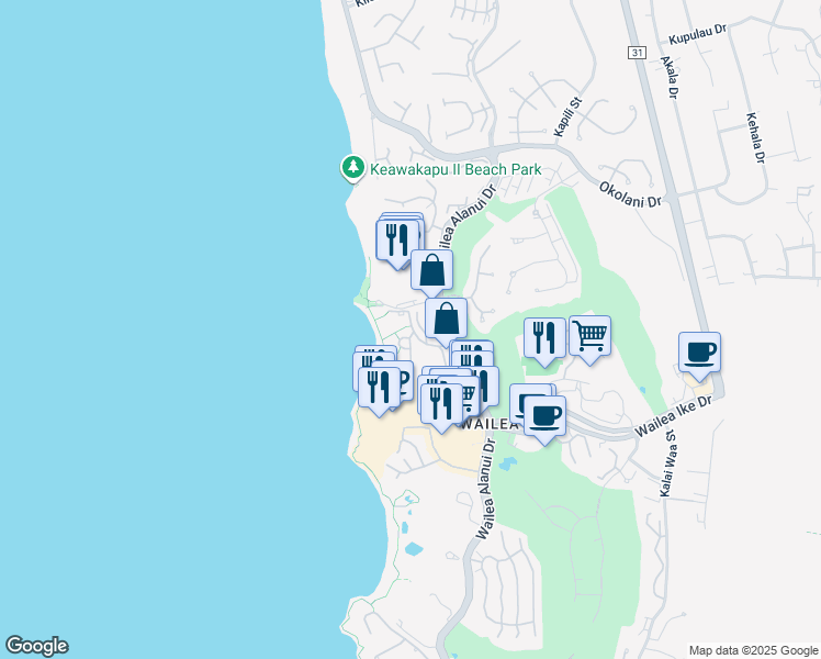 map of restaurants, bars, coffee shops, grocery stores, and more near 3600 Wailea Alanui Drive in Wailea-Makena