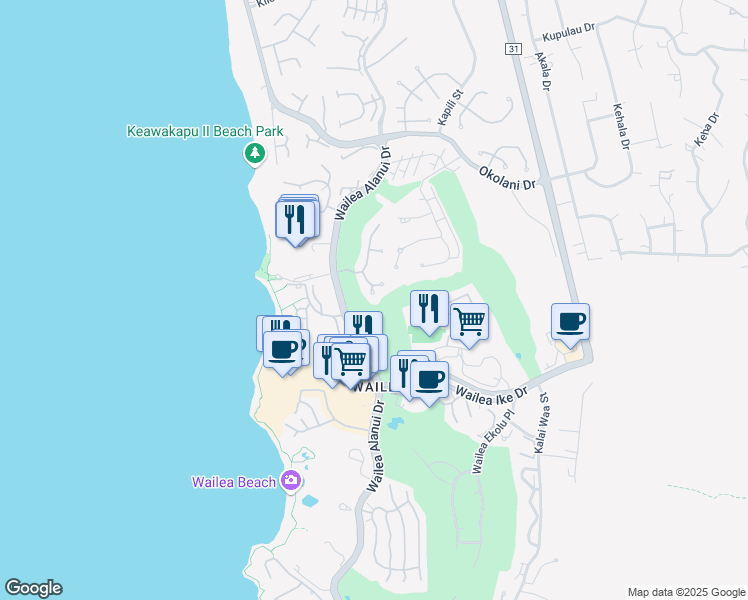 map of restaurants, bars, coffee shops, grocery stores, and more near 85 Hale Noa Way in Kihei