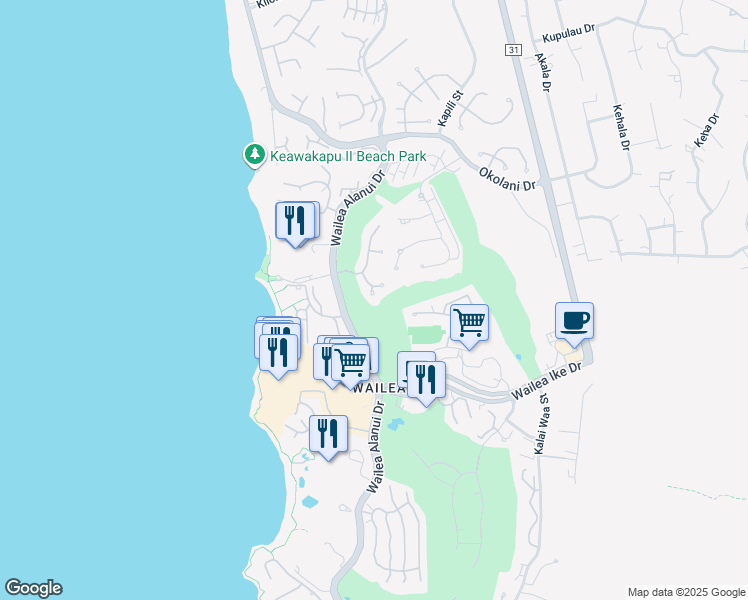 map of restaurants, bars, coffee shops, grocery stores, and more near 85 Hale Noa Way in Kihei