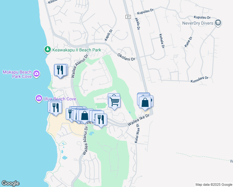 map of restaurants, bars, coffee shops, grocery stores, and more near 155 Wailea Ike Place in Kihei