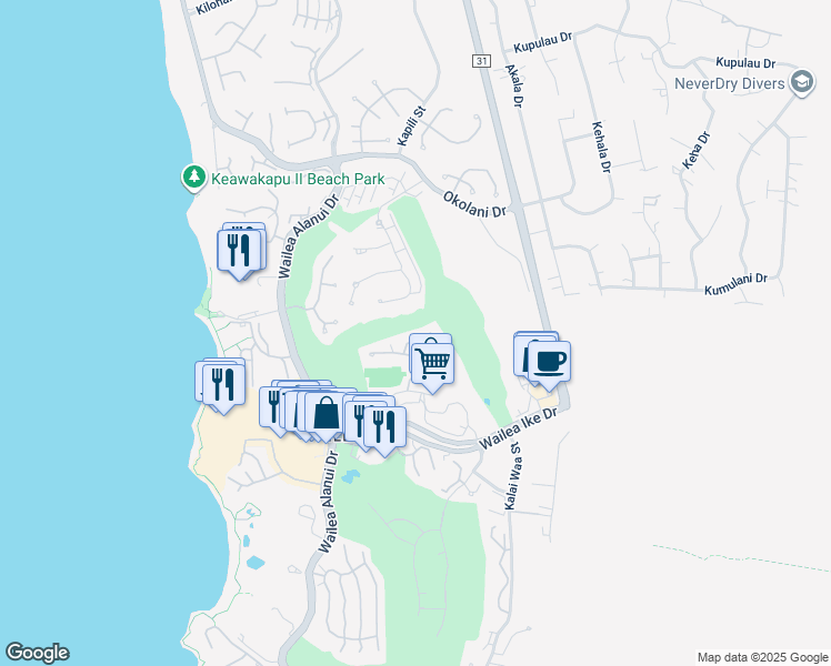 map of restaurants, bars, coffee shops, grocery stores, and more near 155 Wailea Ike Place in Kihei