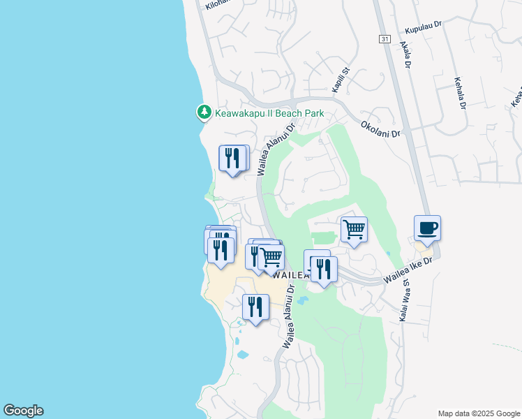map of restaurants, bars, coffee shops, grocery stores, and more near 3550 Wailea Alanui Drive in Wailea-Makena