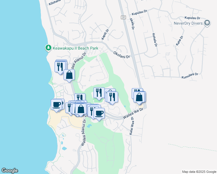 map of restaurants, bars, coffee shops, grocery stores, and more near 155 Wailea Ike Place in Kihei