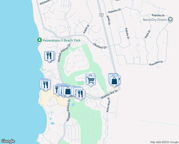 map of restaurants, bars, coffee shops, grocery stores, and more near 155 Wailea Ike Place in Kihei