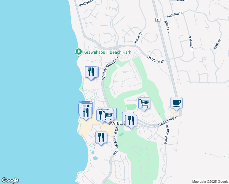 map of restaurants, bars, coffee shops, grocery stores, and more near Hale Noa Way in Wailea-Makena