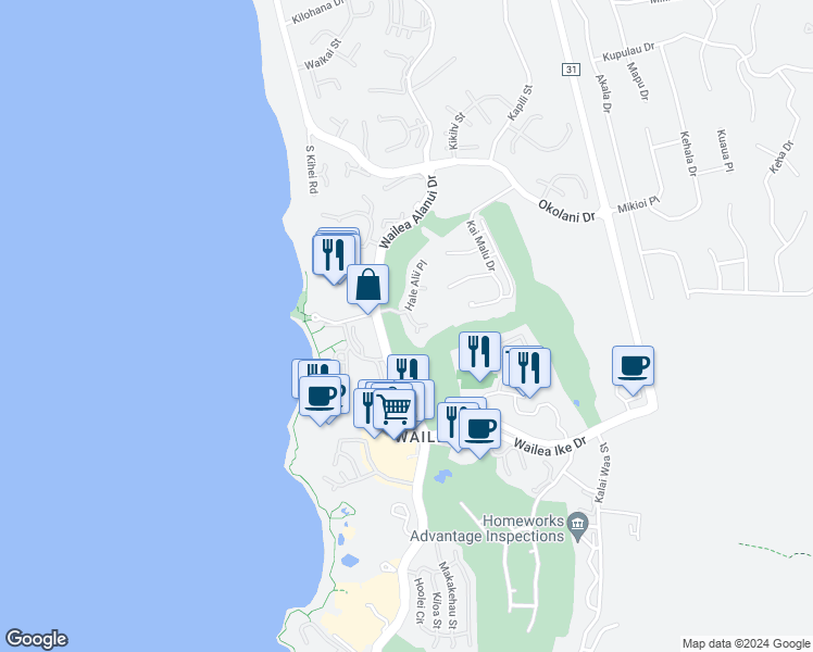 map of restaurants, bars, coffee shops, grocery stores, and more near 40 Hale Alii Place in Kihei