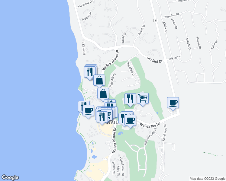 map of restaurants, bars, coffee shops, grocery stores, and more near 55 Hale Hookipa Way in Kihei