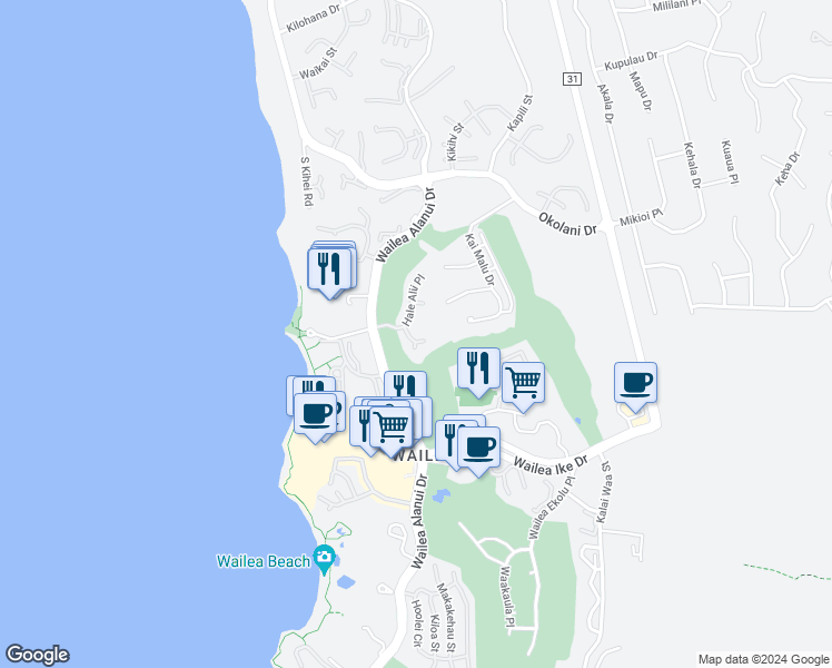 map of restaurants, bars, coffee shops, grocery stores, and more near 55 Hale Hookipa Way in Kihei