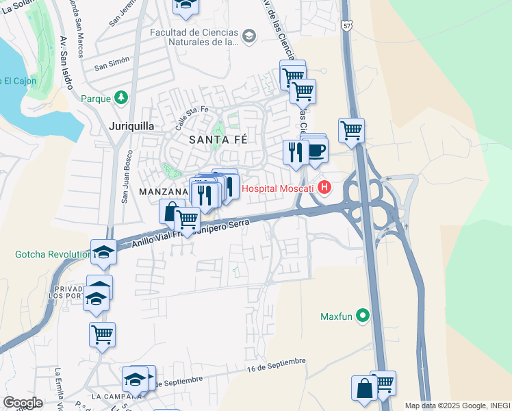 map of restaurants, bars, coffee shops, grocery stores, and more near 2501 Anillo Vial Fray Junípero Serra in Juriquilla