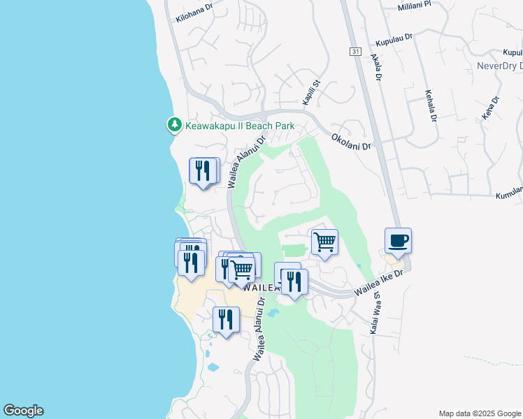 map of restaurants, bars, coffee shops, grocery stores, and more near 65 Hale Hookipa Way in Kihei