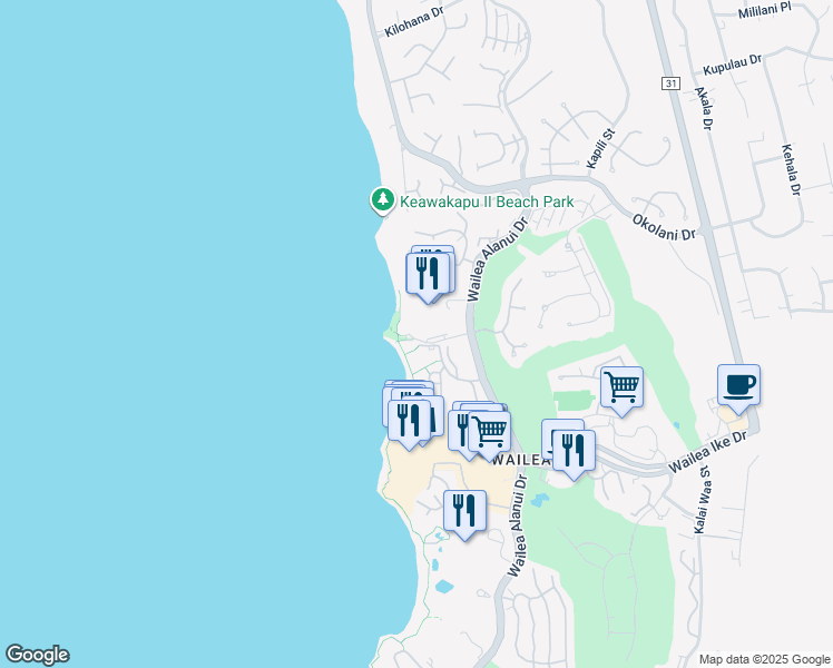 map of restaurants, bars, coffee shops, grocery stores, and more near 3550 Wailea Alanui Drive in Wailea-Makena