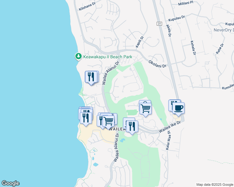 map of restaurants, bars, coffee shops, grocery stores, and more near 65 Hale Hookipa Way in Kihei