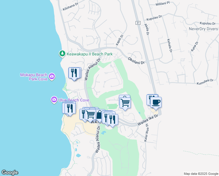 map of restaurants, bars, coffee shops, grocery stores, and more near 389 Kai Malu Place in Kihei