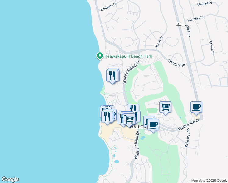 map of restaurants, bars, coffee shops, grocery stores, and more near 3550 Wailea Alanui Drive in Wailea-Makena