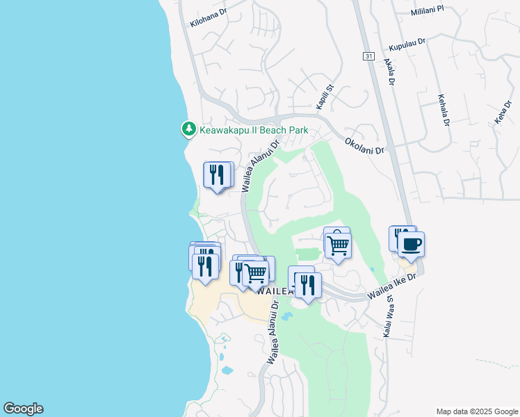 map of restaurants, bars, coffee shops, grocery stores, and more near 43 Hale Alii Place in Kihei