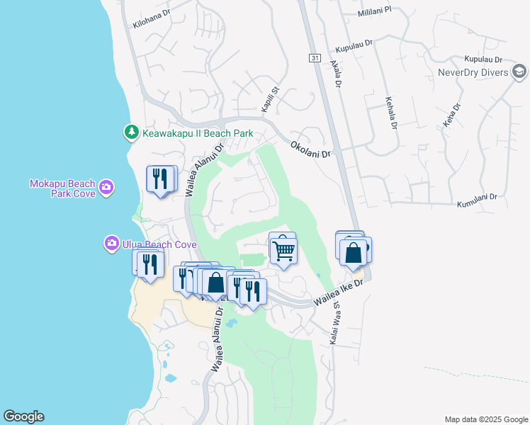 map of restaurants, bars, coffee shops, grocery stores, and more near 333 Kai Malu Place in Kihei