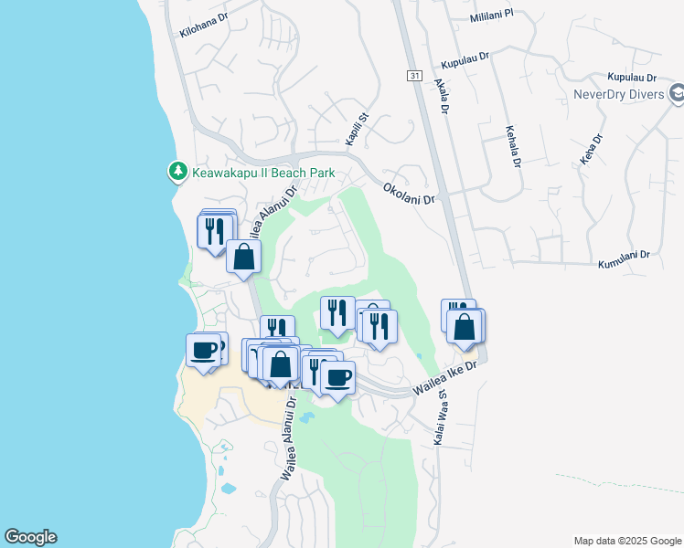map of restaurants, bars, coffee shops, grocery stores, and more near 355 Kai Malu Place in Kihei