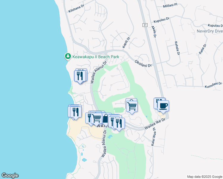 map of restaurants, bars, coffee shops, grocery stores, and more near 139 Kai la Place in Kihei