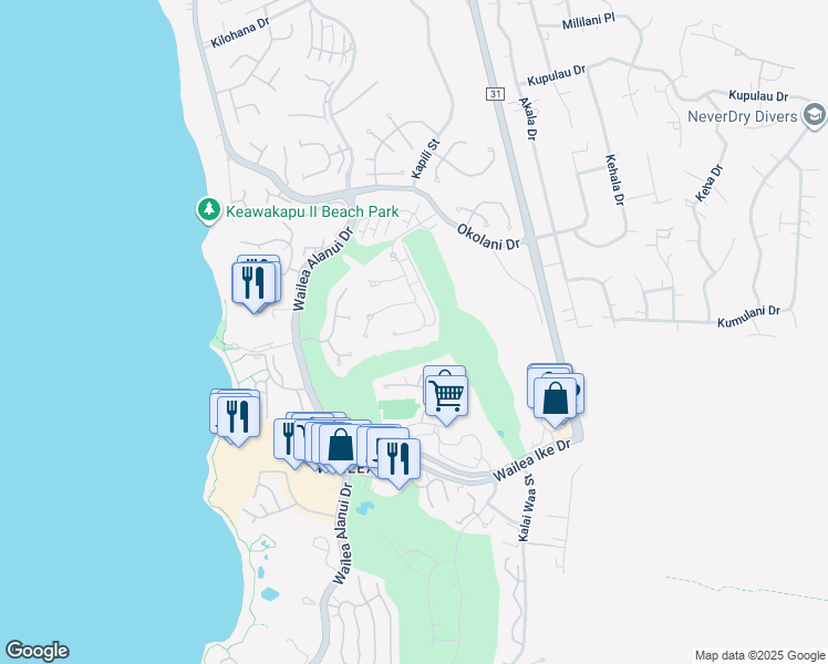 map of restaurants, bars, coffee shops, grocery stores, and more near 329 Kai Malu Place in Kihei