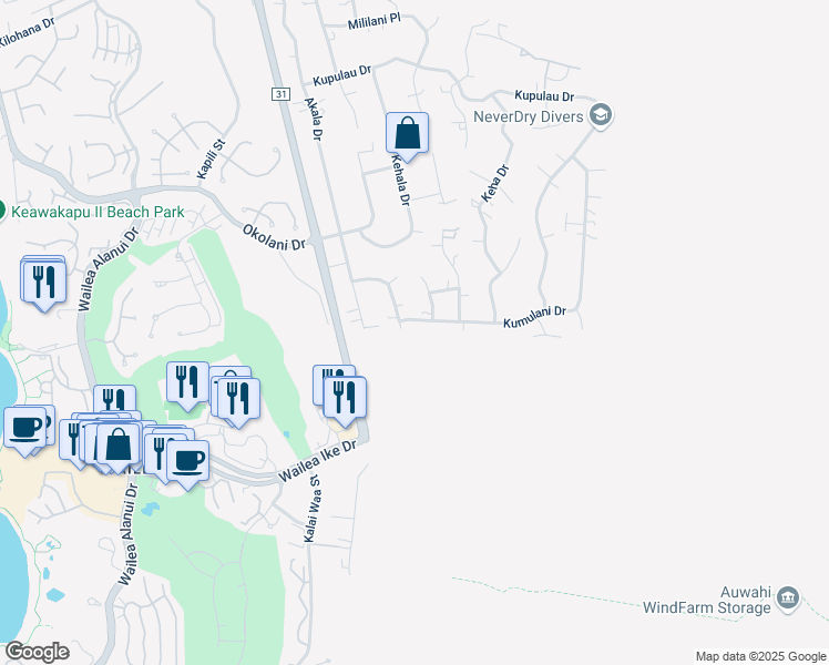 map of restaurants, bars, coffee shops, grocery stores, and more near 494 Kumulani Drive in Kihei