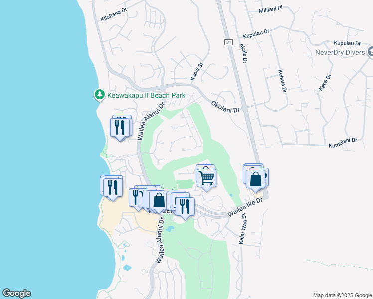 map of restaurants, bars, coffee shops, grocery stores, and more near 360 Kai Malu Place in Kihei