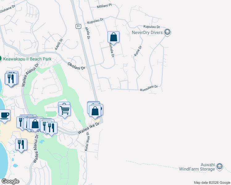 map of restaurants, bars, coffee shops, grocery stores, and more near 494 Kumulani Drive in Kihei
