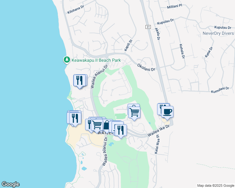 map of restaurants, bars, coffee shops, grocery stores, and more near 333 Kai Malu Place in Kihei