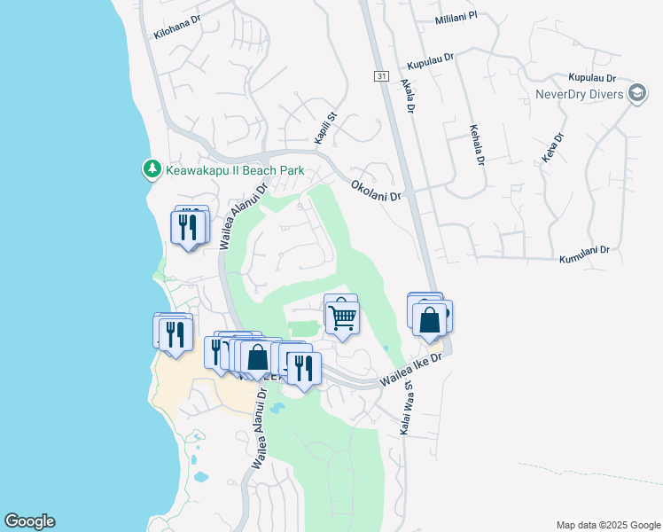 map of restaurants, bars, coffee shops, grocery stores, and more near 197 Kainui Loop in Kihei