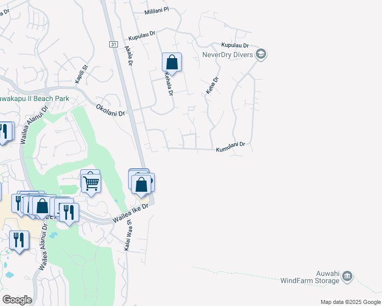 map of restaurants, bars, coffee shops, grocery stores, and more near 525 Kumulani Drive in Kihei