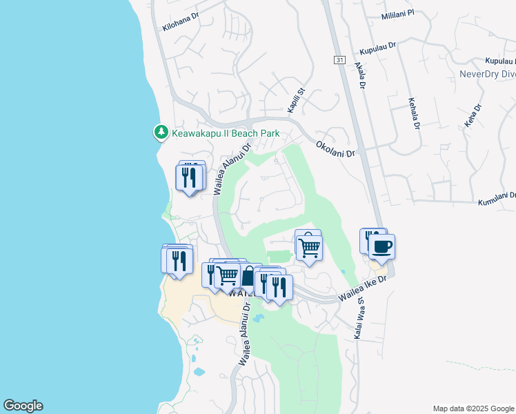 map of restaurants, bars, coffee shops, grocery stores, and more near 136 Kai la Place in Kihei