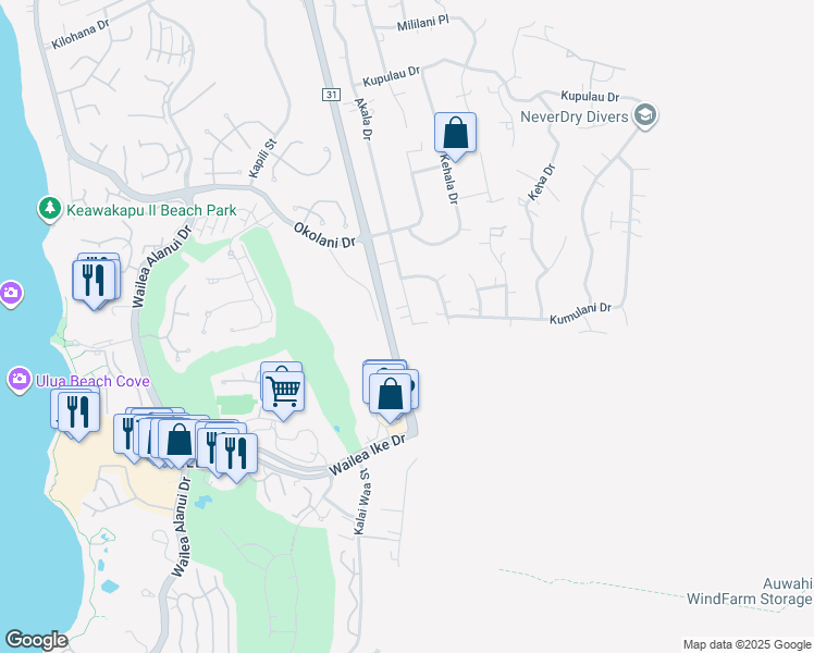 map of restaurants, bars, coffee shops, grocery stores, and more near 3546 Akala Drive in Kihei