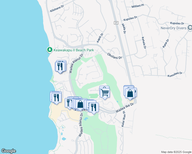 map of restaurants, bars, coffee shops, grocery stores, and more near 344 Kai Malu Place in Kihei