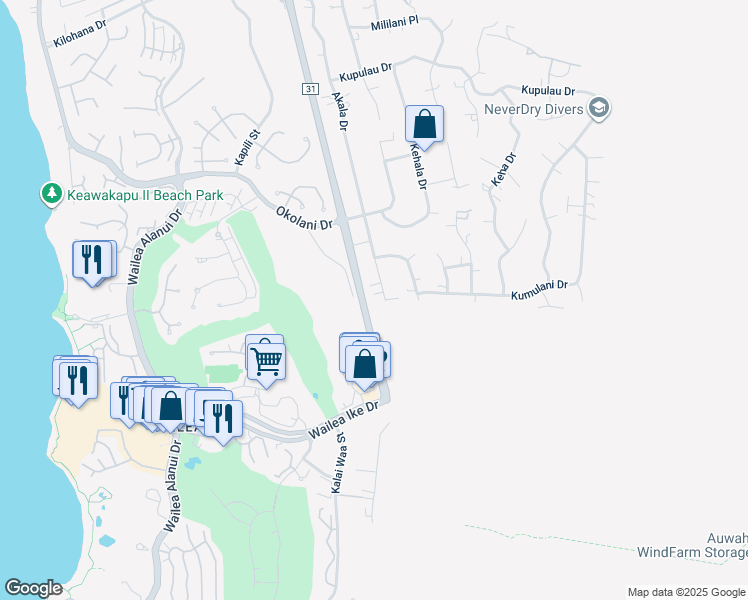 map of restaurants, bars, coffee shops, grocery stores, and more near 3546 Akala Drive in Kihei